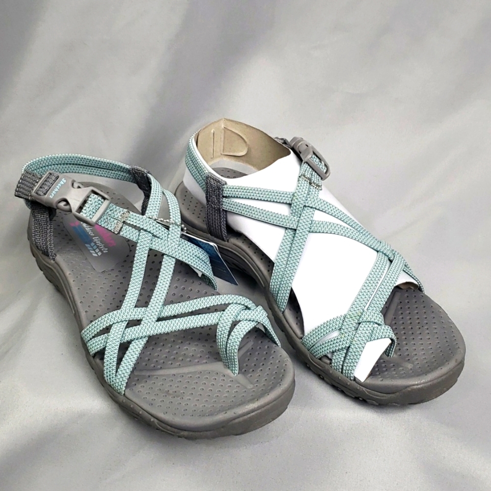 NWT Skechers Sandals Reggae Irie Mon Gray & Aqua Womens Size 6 Vegan